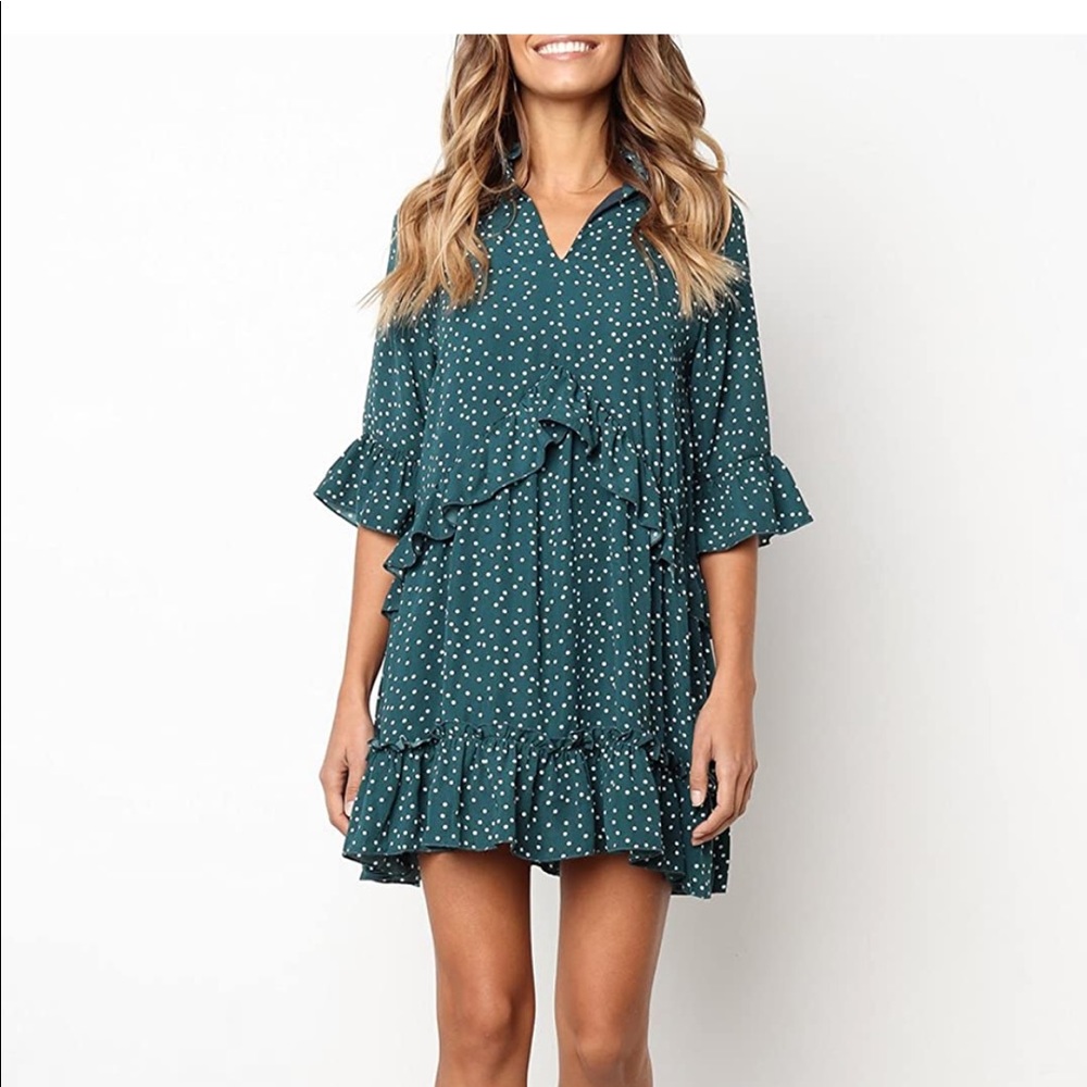 MITILLY Women's V Neck Ruffle Polka Dot Pocket Loose Casual Short T-Shirt Dress